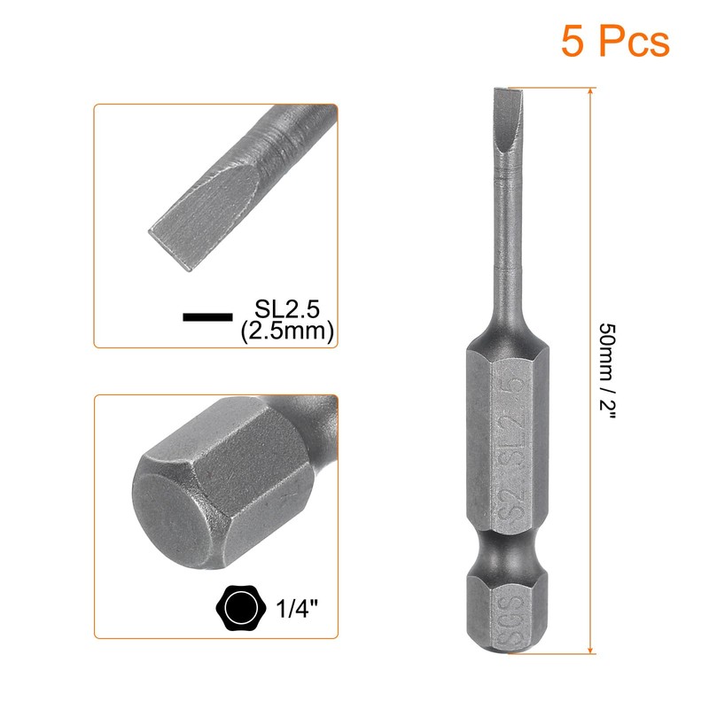 sourcing map 5pcs SL2.5 Magnetic Slotted Screwdriver Bits 2.5mm S2