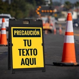 Sigo Signs, Custom Caution Folding Floor Spanish Sign, Sandwich Board/A frame Sign Kit With Two Panel Sign, 18x24 Inches, With A Frame Stand, Made in USA