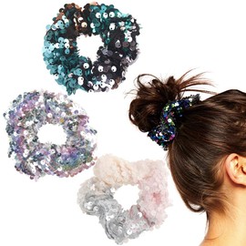 3Pcs Shiny Sequin Hair Scrunchies Hairbands, Women Girls Elastic Glitter Fashion Scrunchie Hair Ties Ropes Hair Bands Headwear Ponytail Holders Bun Cover Hair Accessories for Gym Dance Party Club, B