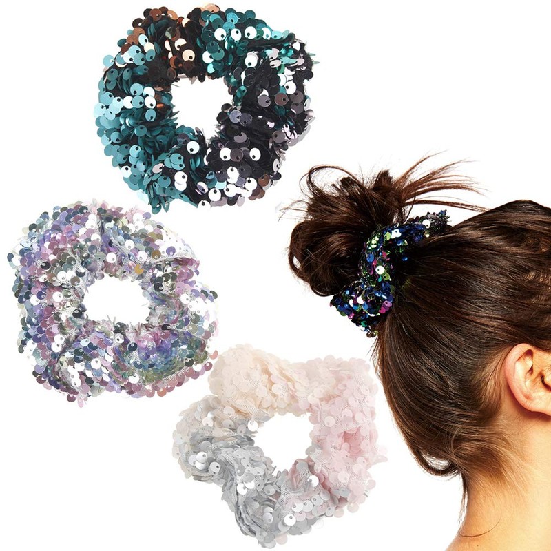 3Pcs Shiny Sequin Hair Scrunchies Hairbands, Women Girls Elastic Glitter