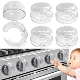 Childproof Stove Knob Safety Covers: (5 Pack +10 Sets of Adhesive) Upgraded Double-Key Design Gas Stove Knob Locks, Oven Knob Covers for Kids/Pets, Universal Fit, Easy to Install (White)