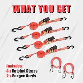 BIG RED ATRTD2110R Torin 15 Foot Ratchet Tie Down Straps and 2 Bungee Cords, 500 lb Load Capacity & 1,500 lb Break Strength, Red, 4 Pack
