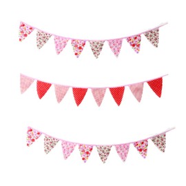 Set of 3 - Vintage Floral/Gingham/Polka Dot Fabric Bunting Shabby Chic Party Weddings Girls Bedroom 8 Flags per Set - Pink Mix - 227 cm