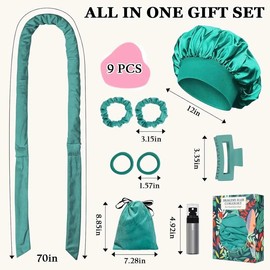 No Heat Overnight Curl Headband, 70" Soft Ribbon Wrap for Long Hair, 9 PCS Hair Curling Rods Set - Blue Green:_Leopard print