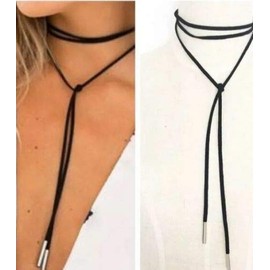 Tomsey® Suede Leather Necklace Tie Choker Bohemian Gypsy Silver Tassels Boho Clothing Jewellery Accessories A139