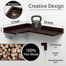 4 Tier Floating Corner Shelves Set of 4, Rustic Pine Wooden Floating Corner Wall Shelf for Wall Décor Storage, L Shaped Corner Shelf Wall Mount for Bedroom, Living Room, Bathroom, Kitchen, Red Brown.