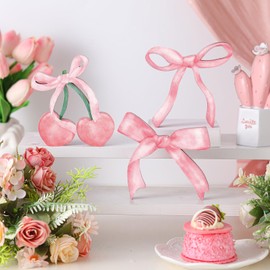 Lineshading 3 Pcs Pink Bow Coquette Room Decor Wooden Sign Preppy Room Coquette Party Decor Girly Pink Bow Tiered Tray for Home Dorm Wall Desk Shelf Tabletop Decoration(Cherry Style)