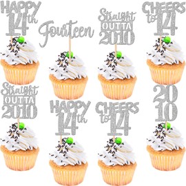 30 piezas de adornos para magdalenas de 14 cumpleaños con purpurina, catorce púas de cupcakes Happy 14th Straight Outta 2010 para saludar hasta 14 años, 14 cumpleaños, boda, aniversario, fiesta,