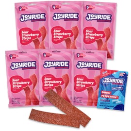 JOYRIDE Strawberry Sour Strips - 3.5 oz 6-Pack Bundle with 2.5oz Glacial Peppermint Gum, Low Sugar, Sour Belt Candy, Dye Free, Low Calorie Snacks, Healthy Candy (7 Items)