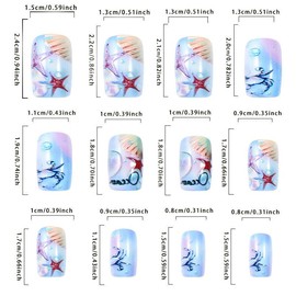Summer Press on Nails Medium Square Fake Nails Blue False Nails with Starfish Seashell Designs Crab Glue on Nails Spring Stick on Nails Full Cover Cute Acrylic Nails Matte Artificial Nails