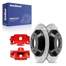 AutoShack Rear Drilled & Slotted Brake Rotors Calipers Red|Replacement for Hyundai Santa Fe XL 2013-2018 Santa Fe Sport 2011-2020 Kia Sorento V6 AWD FWD | E-Coated | 4-PC Brake Kit | ShadowGuard