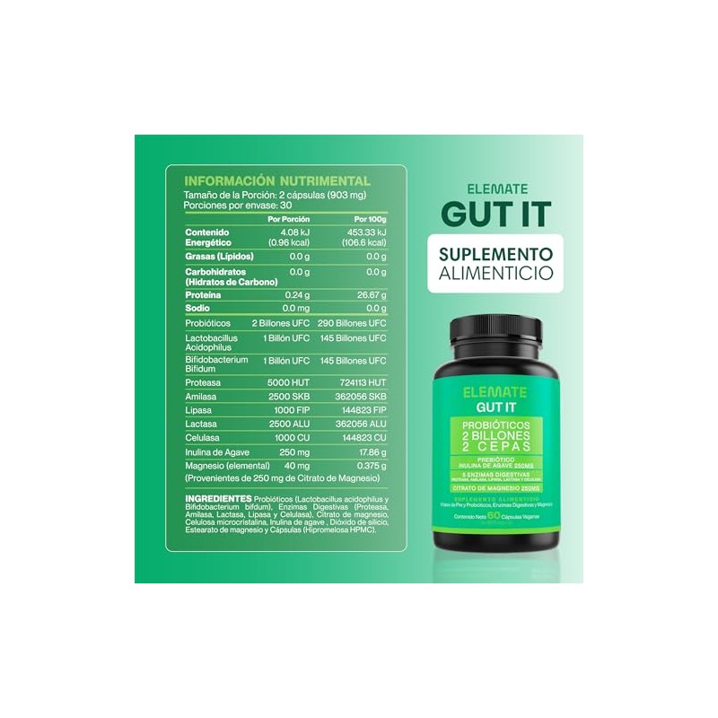 Gut Probiotic Suplemento Natural Probióticos Prebióticos Enzimas Digestivas Citrato Magnesio