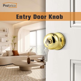 Probrico Gold Interior Door Lock with Round Ball, Polished Brass Exterior Door Knob for Front Door Keyed Alike Door Lock with Knob and Same Key, 2 Pack