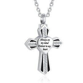 OutstandLong Cremation Cross Urn Necklace for Ashes Memorial in My Heart Dad/Mom/Grandma Stainless Steel Urn Pendant Ashes Holder Jewelry