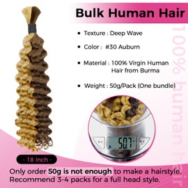 Lashey Human Hair Bulk for Braiding Deep Wave 60 cm (24 Inches) 50 g #4/27 Brown Mix Honey Blonde Human Hair Extensions for Boho Braids Deep Wave Human Hair Bulk for Braiding