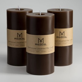 MOZEAL 3" x 6" Hand-Poured Unscented Candle,Dripless Pillar Candle Set of 3,Long Lasting Burning,Approx 120 Hours Burn Time,Rustic Country Style,for Wedding,Dinner,Christmas and Home Decor,Brown