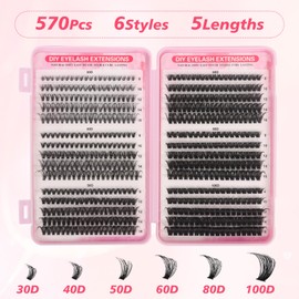 Cluster Eyelash Extensions, 570pcs D Curl Thick Cluster Lashes, Natural Individual Lashes Clusters Looking 8-16MM Fluffy Russian Clusters Lashes for DIY at Home for Beginners 30+40+50+60+80+100