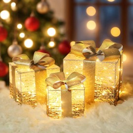 Lighted Gift Boxes Christmas Decoration,Set of 3 Lighted Xmas Present Boxes with Bows, Outdoor Lighted Christmas Tree Boxes Ornaments Foldable for Indoor,Yard,Porch