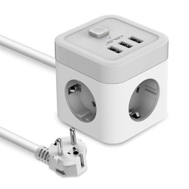 JSVER Steckdosenleiste Würfel USB,Mehrfachsteckdose 3 Fach(3680A 16A) Powercube mit 3 USB Ladegerät (15,5W) Schreibtisch mit Schalter für Büro, zu Hause oder auf Reisen 1,5m Kabel