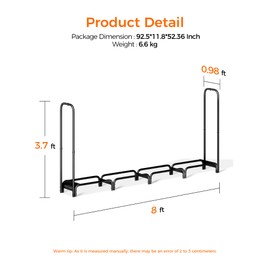 Mars Explo Firewood Rack, 8ft Heavy Duty Fire Wood Storage Racks for Indoor Outdoor, Metal Log Holders for Firewood, Fireplace Wood Pile Storage Stacker Organizer, Black