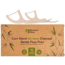 Beautiful Mind Púas de hilo dental ecológicas para limpieza de dientes, varillas de hilo dental biodegradables totalmente naturales, hilo de hilo de carbón de bambú fuerte con mango de almidón de maíz, paquete de 75 unidades