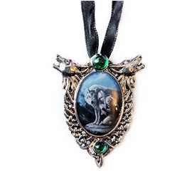 Protector - Wolf Cameo Oval Cabochon Style Pendant Necklace in Two Howling Wolves and Celtic Knotwork with Two Manmade Crystals, Ribboned - Artwork by Anne Stokes