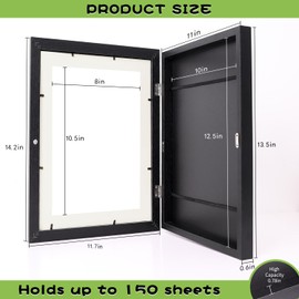 LYIPFOL 2-Pack Kids Art Frame - 8.5x11 Inch Frame with Mat & 10x12.5 Matless Display - Solid Wood Art Gallery for 150 Drawings/3D Crafts - Child-Safe Tabletop & Wall Mount, Black