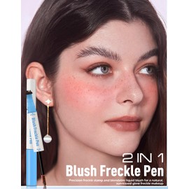 Wugbc Freckle Pen Blush 2 in 1 Lifelike Dark Brown Freckle Stamp Coral Orange Liquid Blush for Cheeks Quick Dry Fake Freckles Long Lasting Faux Freckles Tattoo Marker for Natural Sunkissed Makeup