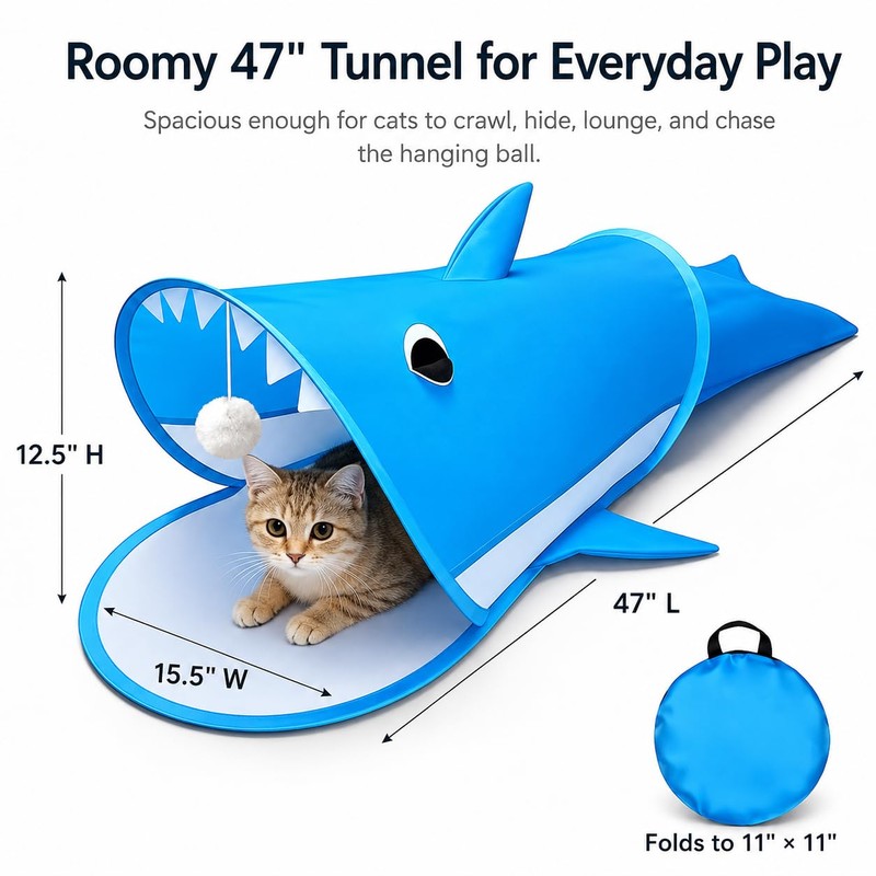 LUCKITTY Blue Shark Cat Tunnel Toy, Collapsible Pop-Up Cat Play