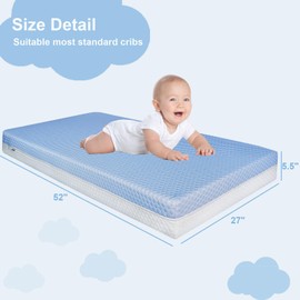 voomf Crib Mattress Dual Sided Memory Foam Baby Toddler Bed Mattress, 52" x 27.6" x 5.5" Soft Breathable Mattresses with Removable Machine Washable Cover, Fits Standard Cribs&Toddler Beds, White&Blue