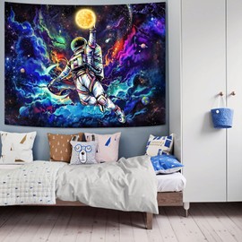 Neasow Blacklight Astronaut Space Tapestry, UV-Reactive Galaxy Universe Planet Lights in Dark Tapestry for Men, Boys and Teens Cool Poster (Black Light, 150 x 200 cm)
