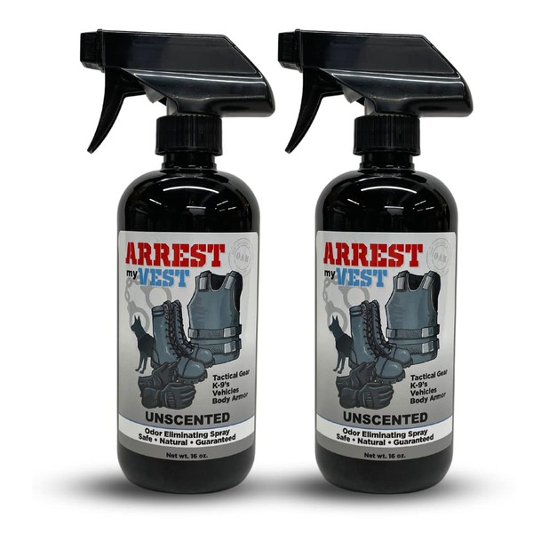 Arrest My Vest Military and Police Grade Odor Eliminating Spray for Body Armor, Tactical Gear. Safe on K9's, ballistic vests and all fabrics including leather - Unscented - 2 16 oz Bottles