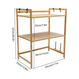 ILWorkTLs 2 Tier Bamboo Kitchen Countertop Microwave Shelf with 4 Hooks,Adjustable Spice Rack,Kitchen Counter Storage Shelf,Wood Color