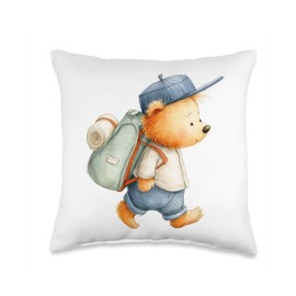 Hiking Teddy Bear With Backpack Watercolor Forest Nursery Throw Pillow