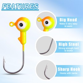 Fishing Jig Heads Hooks Set - 40pcs Assorted Football Jig Head Hooks with 3D Eyes Painted High Carbon Steel Jig Heads for Crappie Bass Walleye Saltwater Freshwater Fishing Tackle Kit