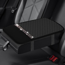 HQRNYP Bling Leather Car Armrest Box Cover, Middle Console Cover, Crystal Rhinestone Center Console Cushion, Anti-Scratch Waterproof Auto Arm Rest Box Protector Accessories for Most Vehicles (Black)