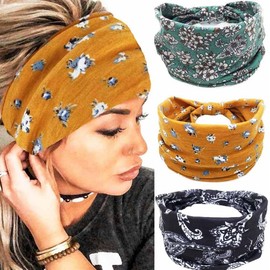 Boho Headbands Stretch Wide Hair Bands Elastic Yoga Sweatband Knoted Turban Headband Cloth Twist Head Wraps Stylish Head Bands for Women and Girls 3 Pcs (Multiple Colors, One Size)