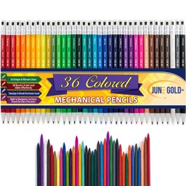 June Gold 36 Assorted Colored 2.0 mm Mechanical Pencils with 36 Unique Color Leads, Color Name is Printed on Each Pencil Barrel, Built in Rear Sharpener