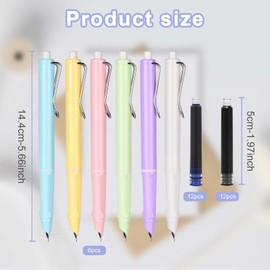 AUAUY Retractable Fountain Pen, Pack of 6 Refillable Fountain Pens with 12 Black Ink + 12 Blue Ink, 0.38 mm Extra Fine Tip, Best Gift for Children and Adults Macaron