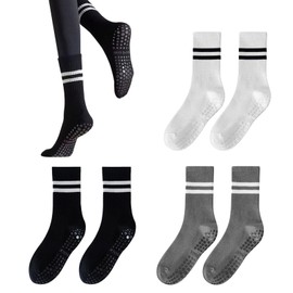 EUPSIIU 3 Pairs Non-Slip Yoga Socks with Grips, Yoga Socks for Women&Men, Non Skid Cotton Socks, Pilates Socks for Women, Long Yoga Socks, for Home Workout Gym Sports Fitness (3 color)