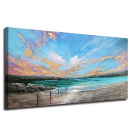 Arjun Ocean Teal Wall Art Canvas Coastal Beach Painting Blue Turquoise Landscape Sunset Picture, Panoramic Gold Foil Textured Large Artwork Framed for Living Room Bedroom Bathroom Wall Decor 48"x24"
