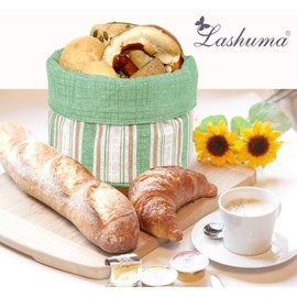 Lashuma Retro Bread Basket Striped Green Modern Fabric Roll Basket Foldable Reversible Basket