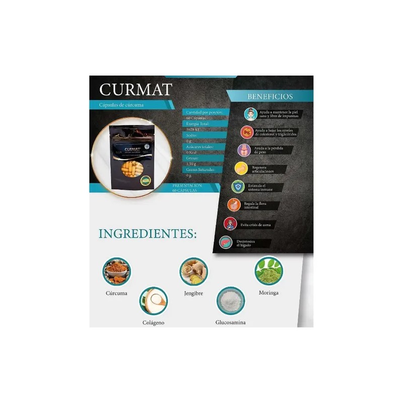 Curmat Cúrcuma Jengibre Colágeno Glucosamina 60 Cápsulas