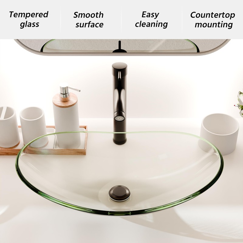 YIMAI Tempered Glass Vessel Sink Bathroom, 20.8"x13.7" Oval Clear Above