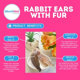 Munchbird Dehydrated Rabbit Ears for Dogs & Cats, European Furry Rabbit Ear Natural Fiber for Dogs, Rawhide Free Alternative to Pig Ears for Dogs, Pack of 10 to 15 Ears (Size Varies)