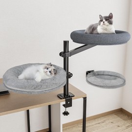 Double Cat Desk Bed, 360° Rotating Elevated Desk Cat Bed, Adjustable Raised Desk Kitten Bed Up to 80 LBS, Washable Soft Fabric Pet Desks Nest Beds, Cat Hammock Wall Mounted for Office and Game Tables
