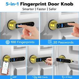 Smart Fingerprint Door Knob Lock with Display Screen, Fingerprint Biometric Door Lock with Code Keypad Keyless Entry Door Handle for Bedroom Home Hotel Office Apartment - Gold