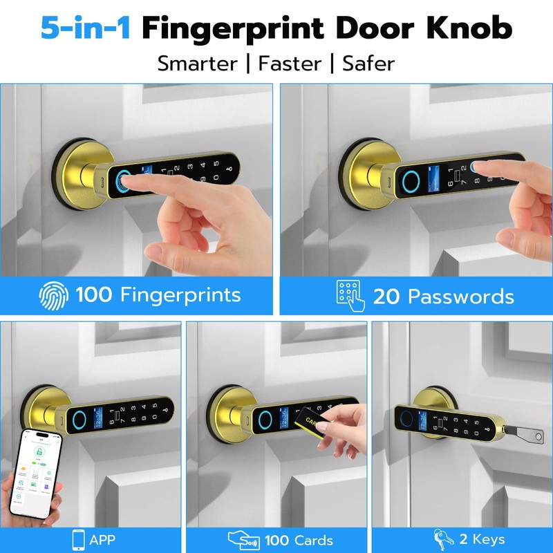 Smart Fingerprint Door Knob Lock with Display Screen, Fingerprint Biometric