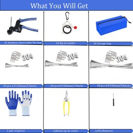 Metal Zip Ties Cutter Stainless Steel Cable Tie Gun Kit Assortment With 150pcs 304 Stainless Steel Zip Ties,Heavy Duty Outdoor For Chain Link Fence Parts Exhaust Wrap