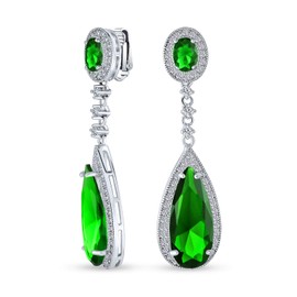 Green Teardrop Cubic Zirconia Dangle Prom Statement Screw Clip On Earrings Simulated Emerald Silver Plated Brass